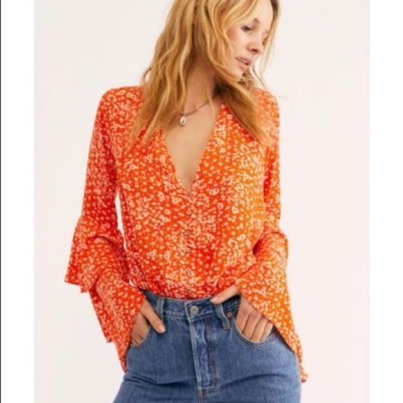 Free People Ditsy Orange Floral Wide Tiered Bell Sleeve Bodysuit - Picture 2 of 11